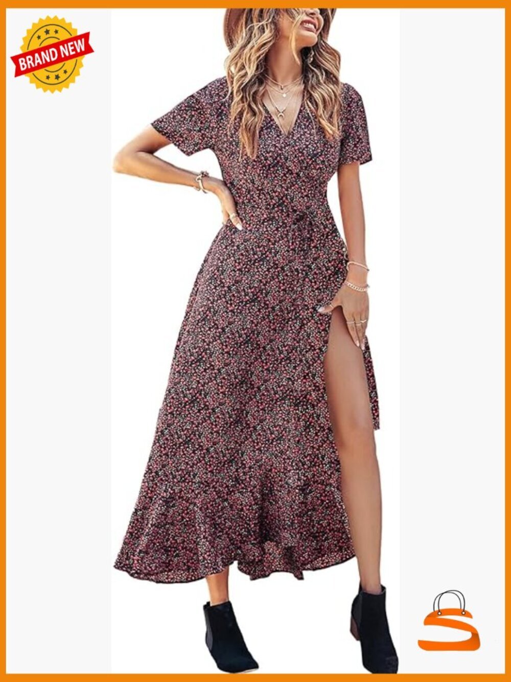 Boho Floral Maxi Dress Short Sleeve Wrap V Neck Flowy Beach Wedding Guest